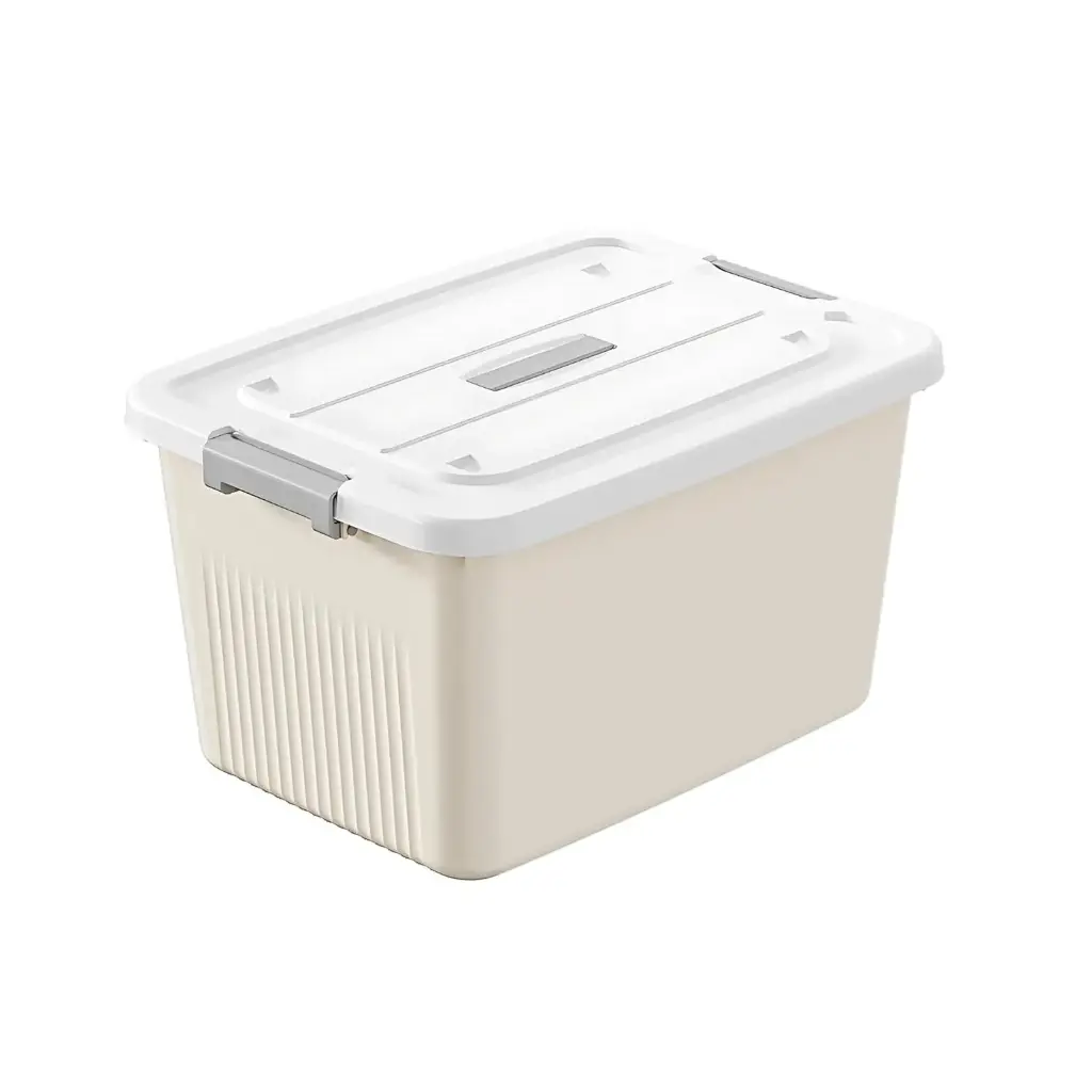 DGCON Plastic Storage Bins With Latching Lids Stackable Containers, Large Storage Box For Bedroom, Basement, Classroom, Camping, Office (CREAM, LARGE - 14.5 X 10.5 X 8.2 INCH, PACK OF - 1)